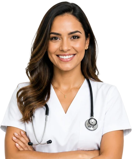 Profissional de saúde sorrindo, pronta para atender